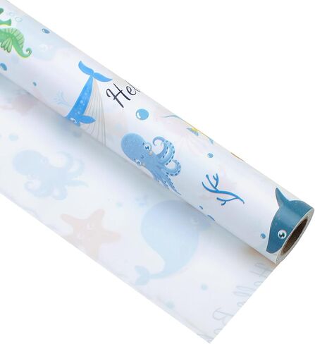 wishinside Blue Baby Wrapping Paper Roll-17 Inches X 32.8 Feet, Mini Roll, Sea Creatures Design Wrap Paper for Baby Shower, Boys' Birthday Party, Newborn, New Moms, Little One, 1st Baby, 1 Roll in Saudi Arabia