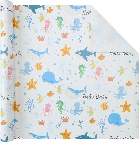 wishinside Blue Baby Wrapping Paper Roll-17 Inches X 32.8 Feet, Mini Roll, Sea Creatures Design Wrap Paper for Baby Shower, Boys' Birthday Party, Newborn, New Moms, Little One, 1st Baby, 1 Roll in Saudi Arabia