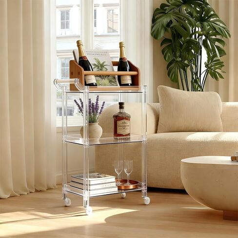Acrylic-Style Utility Rolling Cart, 3-Tier Clear Storage Cart with Pulling Handle & 4 Wheels for Kitchen Living Room Dining Bathroom Laundry, Multifunction Serving Trolley for Small Spaces (Brown) in Saudi Arabia