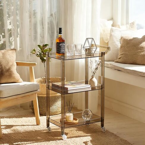 Acrylic-Style Utility Rolling Cart, 3-Tier Clear Storage Cart with Pulling Handle & 4 Wheels for Kitchen Living Room Dining Bathroom Laundry, Multifunction Serving Trolley for Small Spaces (Brown) in Saudi Arabia