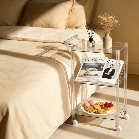 Acrylic-Style Utility Rolling Cart, 3-Tier Clear Storage Cart with Pulling Handle & 4 Wheels for Kitchen Living Room Dining Bathroom Laundry, Multifunction Serving Trolley for Small Spaces (Brown) in Saudi Arabia