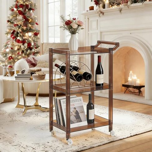 Acrylic-Style Utility Rolling Cart, 3-Tier Clear Storage Cart with Pulling Handle & 4 Wheels for Kitchen Living Room Dining Bathroom Laundry, Multifunction Serving Trolley for Small Spaces (Brown) in Saudi Arabia