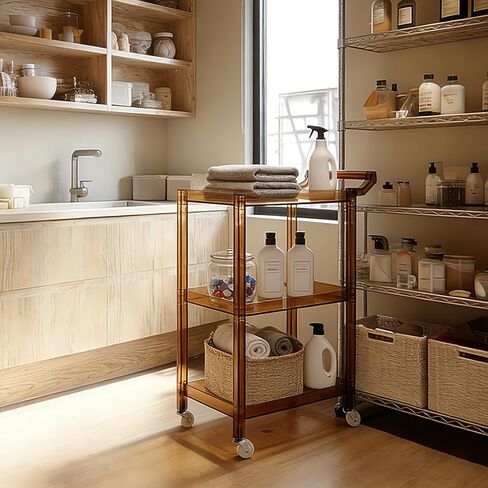 Acrylic-Style Utility Rolling Cart, 3-Tier Clear Storage Cart with Pulling Handle & 4 Wheels for Kitchen Living Room Dining Bathroom Laundry, Multifunction Serving Trolley for Small Spaces (Brown) in Saudi Arabia
