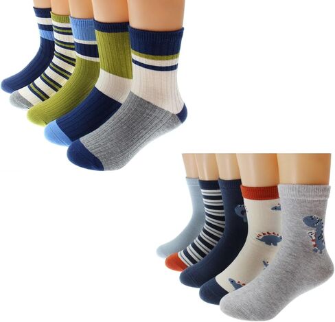 Padgene 10 Pairs Kids Boys Fun Novelty Socks Toddler None Slip Cotton Crew Dress Socks Cartoon Dinosaur Car Shark Stripes in Kuwait