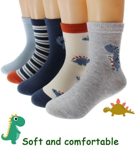 Padgene 10 Pairs Kids Boys Fun Novelty Socks Toddler None Slip Cotton Crew Dress Socks Cartoon Dinosaur Car Shark Stripes in Kuwait
