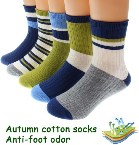 Padgene 10 Pairs Kids Boys Fun Novelty Socks Toddler None Slip Cotton Crew Dress Socks Cartoon Dinosaur Car Shark Stripes in Kuwait