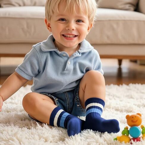 Padgene 10 Pairs Kids Boys Fun Novelty Socks Toddler None Slip Cotton Crew Dress Socks Cartoon Dinosaur Car Shark Stripes in Kuwait