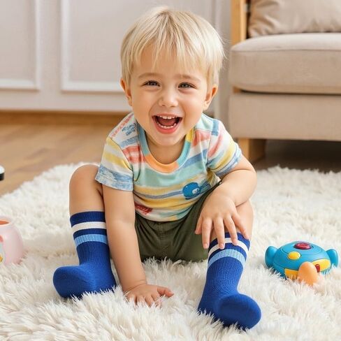 Padgene 10 Pairs Kids Boys Fun Novelty Socks Toddler None Slip Cotton Crew Dress Socks Cartoon Dinosaur Car Shark Stripes in Kuwait