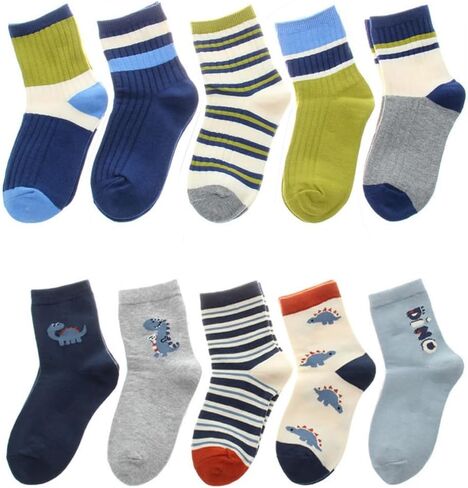 Padgene 10 Pairs Kids Boys Fun Novelty Socks Toddler None Slip Cotton Crew Dress Socks Cartoon Dinosaur Car Shark Stripes in Kuwait
