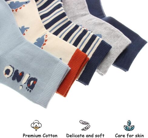 Padgene 10 Pairs Kids Boys Fun Novelty Socks Toddler None Slip Cotton Crew Dress Socks Cartoon Dinosaur Car Shark Stripes in Kuwait