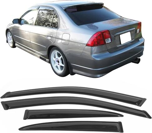 Window Visor Compatible with 2001-2005 Honda Civic EM2 Sedan, Slim Style Acrylic Smoke Tinted & Semi-Transparent 4PCS Sun Rain Shade Guard Wind Vent Air Deflector by IKON MOTORSPORTS, 2002 2003 2004 in Saudi Arabia