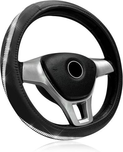 Diamond Leather Steering Wheel Cover, 14 1/2" to 15" Anti-Slip Steering Wheel Protector with Inner Ring, Bling Sparkly Car Wheel Covers Delicate Interior Decor for Women Girls (Gray) in Saudi Arabia