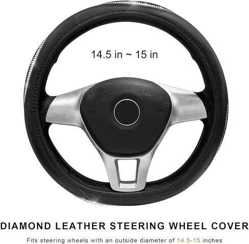 Diamond Leather Steering Wheel Cover, 14 1/2" to 15" Anti-Slip Steering Wheel Protector with Inner Ring, Bling Sparkly Car Wheel Covers Delicate Interior Decor for Women Girls (Gray) in Saudi Arabia