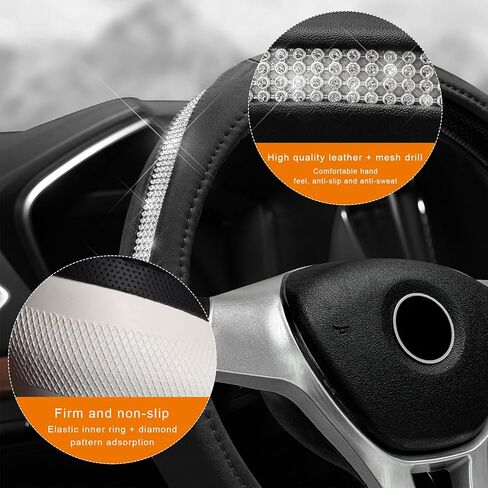 Diamond Leather Steering Wheel Cover, 14 1/2" to 15" Anti-Slip Steering Wheel Protector with Inner Ring, Bling Sparkly Car Wheel Covers Delicate Interior Decor for Women Girls (Gray) in Saudi Arabia