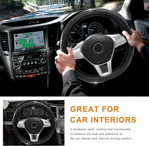 Diamond Leather Steering Wheel Cover, 14 1/2" to 15" Anti-Slip Steering Wheel Protector with Inner Ring, Bling Sparkly Car Wheel Covers Delicate Interior Decor for Women Girls (Gray) in Saudi Arabia