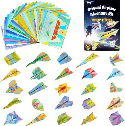 25 Designs Paper Airplane Kit for Kids Ages 6-12, Paper Airplane Book, 75 Sheets Colorful Origami Paper with Gift Ready Box, Creative Gifts for Boys & Girls in Saudi Arabia