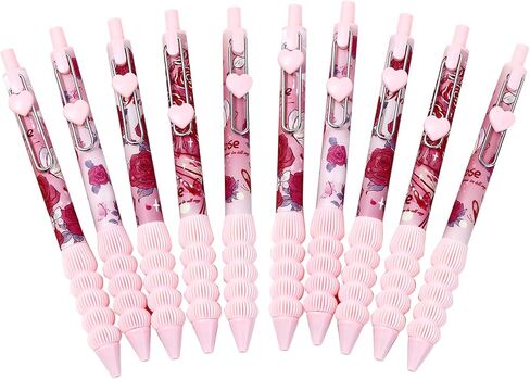 10pcs Cute Pink Rose Retractable Pens 0.5mm Black Ink Writing Pens Smooth Writing Office School Supplies for Women Men(Pink Rose 10pcs) in Saudi Arabia