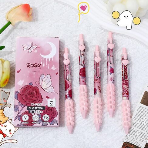 10pcs Cute Pink Rose Retractable Pens 0.5mm Black Ink Writing Pens Smooth Writing Office School Supplies for Women Men(Pink Rose 10pcs) in Saudi Arabia