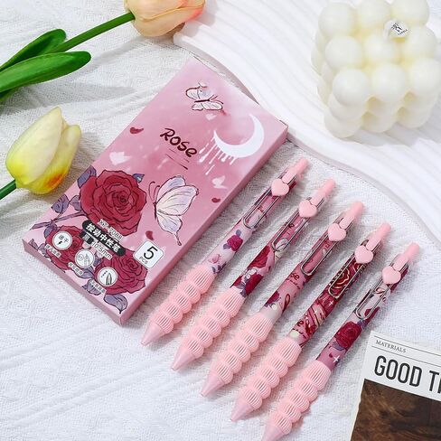 10pcs Cute Pink Rose Retractable Pens 0.5mm Black Ink Writing Pens Smooth Writing Office School Supplies for Women Men(Pink Rose 10pcs) in Saudi Arabia