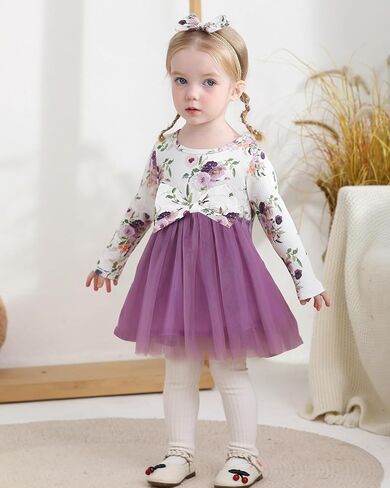 Mioglrie Baby Girl Dress Infant Girl Fall Winter Long Sleeve Tutu Dresses | Ruffle Floral Tulle Dress，3-24 Months，Matching Headband，Family Photo Outfits，Daily Leisure，Birthdays，Festival，Parties in Saudi Arabia