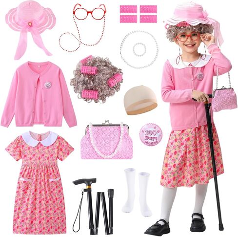 Old Lady Costume for Kids 100 Days of School Costume for Girls 13 pcs 100th Day of School Granny Old Lady Dress Up in Saudi Arabia