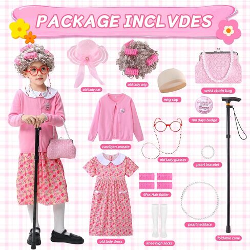 Old Lady Costume for Kids 100 Days of School Costume for Girls 13 pcs 100th Day of School Granny Old Lady Dress Up in Saudi Arabia
