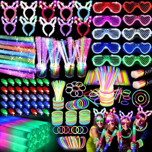 186 PCS Glow in the Dark Party Supplies,16 Foam Sticks,10 Glow Fiber Wands, 10 LED Glasses, 10 Glowing Rabbit Ears,100 Glow Sticks and 40 Finger Lights for Neon Party Birthday Carnivals Halloween in Saudi Arabia