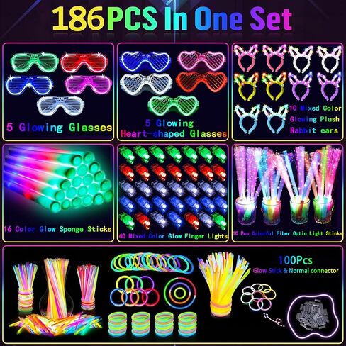 186 PCS Glow in the Dark Party Supplies,16 Foam Sticks,10 Glow Fiber Wands, 10 LED Glasses, 10 Glowing Rabbit Ears,100 Glow Sticks and 40 Finger Lights for Neon Party Birthday Carnivals Halloween in Saudi Arabia