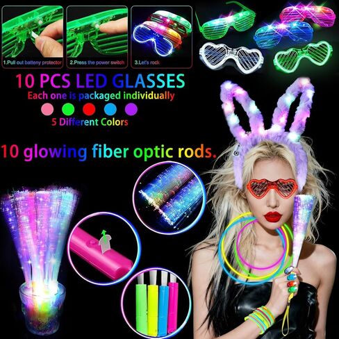 186 PCS Glow in the Dark Party Supplies,16 Foam Sticks,10 Glow Fiber Wands, 10 LED Glasses, 10 Glowing Rabbit Ears,100 Glow Sticks and 40 Finger Lights for Neon Party Birthday Carnivals Halloween in Saudi Arabia