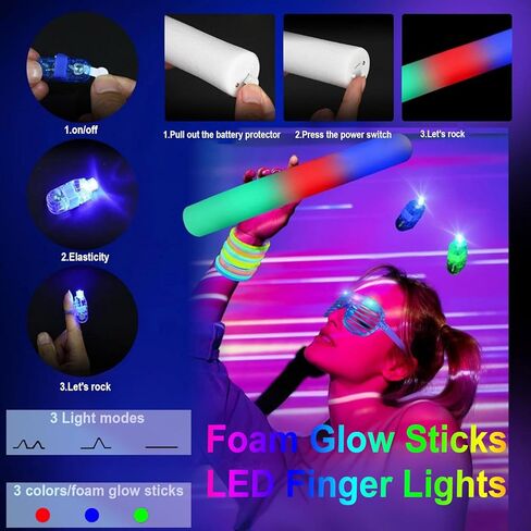 186 PCS Glow in the Dark Party Supplies,16 Foam Sticks,10 Glow Fiber Wands, 10 LED Glasses, 10 Glowing Rabbit Ears,100 Glow Sticks and 40 Finger Lights for Neon Party Birthday Carnivals Halloween in Saudi Arabia