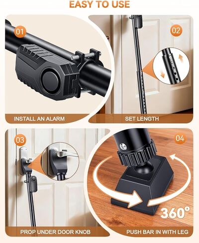 Door Security Bar & Sliding Patio Bar with Alarm, Heavy Duty Stoppers Adjustable Jammer for Home, Apartment, Travel(113 dB Extra Loud Alarm), Black Door Stoppers Security Bar in Saudi Arabia