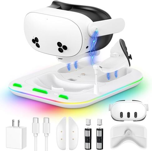 Charging Dock for Meta Quest 3, YUANHOT Fast Charging Station with Colorful RGB Light for Oculus Quest 3, Magnetic Charging Stand Accessories for Headset and Controller with 2 Rechargeable Batteries in Kuwait