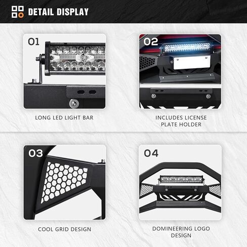 شريط الثور مع شريط الضوء وإطار لوحة الترخيص متوافق مع شبكة الحماية الأمامية لنيسان فرونتير 2005-2021، واقي فرشاة الشاحنة، وشريط الدفع الممتص للصدمات (يشمل لوحة الانزلاق وحامل الضوء، أسود) in Kuwait