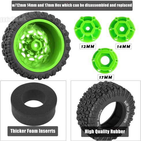 4Pcs RC Wheels and Tires for Slash 2WD 4X4,Axia1,Rc 4wd,Red cat,Arrm a Senton,etc RC Truck,12/14/17mm Hex Wheels Rims and Rubber Tires,RC Short Course Truck Wheels Tires w/Sponge,Green in Saudi Arabia