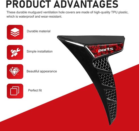 2 PCS Car Side Fender Vents, TPU Shark Gill Spoiler Air Flow Intake Hole Grille Decal, Car Side Fender Vent Decor Covers with Sports Logo, Cool Exterior Modified for Most Cars (Red) in Saudi Arabia