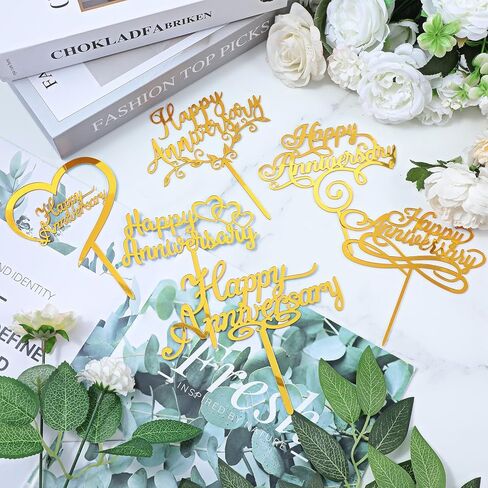6 Pcs Gold Happy Anniversary Cake Topper, Happy Anniversary Decorations Sign for Birthday Wedding Anniversaries Party Valentine's Day Decorations Supplies in Saudi Arabia