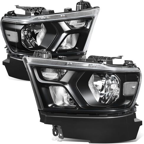 مجموعة المصابيح الأمامية من Auto Dynasty متوافقة مع 2019-2024 دودج رام 1500، مصابيح أمامية هالوجين جانبية للسائق والراكب، GM2502329 GM2503329، زاوية شفافة بغطاء أسود in Kuwait