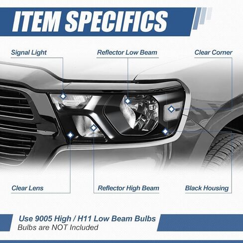 مجموعة المصابيح الأمامية من Auto Dynasty متوافقة مع 2019-2024 دودج رام 1500، مصابيح أمامية هالوجين جانبية للسائق والراكب، GM2502329 GM2503329، زاوية شفافة بغطاء أسود in Kuwait