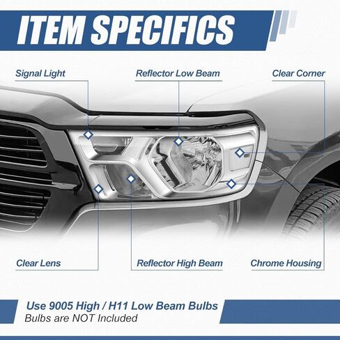 مجموعة المصابيح الأمامية من Auto Dynasty متوافقة مع 2019-2024 دودج رام 1500، مصابيح أمامية هالوجين جانبية للسائق والراكب، GM2502329 GM2503329، زاوية شفافة بغطاء أسود in Kuwait