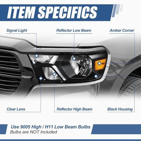 Auto Dynasty Headlights Assembly Compatible with 2019-2024 Dodge Ram 1500, Driver and Passenger Side Halogen Headlamps, GM2502329 GM2503329, Black Housing Clear Corner in Saudi Arabia