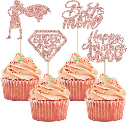 Gyufise 24 Pack Red Glitter Happy Mothers Day Cupcake Toppers Best Mom Ever Cupcake Picks Love You Mom Cake Decoration Party Supplies for Mother's Day Party Cupcake Decorations in Saudi Arabia