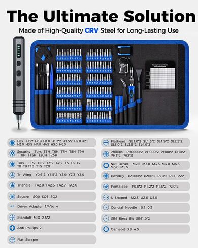 مجموعة مفك كهربائي صغير UnaMela: 140 في 1 مفك كهربائي صغير لاسلكي - 120 لقمة دقيقة، 5 إعدادات عزم الدوران، ضوء LED، مجموعة أدوات إصلاح مفك الطاقة المغناطيسية لأجهزة الكمبيوتر RC الإلكترونية in Kuwait