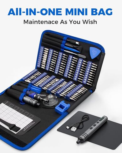 مجموعة مفك كهربائي صغير UnaMela: 140 في 1 مفك كهربائي صغير لاسلكي - 120 لقمة دقيقة، 5 إعدادات عزم الدوران، ضوء LED، مجموعة أدوات إصلاح مفك الطاقة المغناطيسية لأجهزة الكمبيوتر RC الإلكترونية in Kuwait