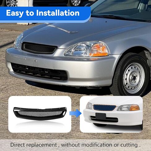 شواية أمامية متوافقة مع 1999 2000 Honda Civic Lx Dx Ex Si كوبيه 2 باب/سيدان 4 أبواب ABS بلاستيك أسود لامع in Kuwait