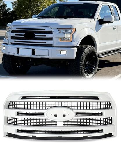 Oxford White+Gloss Black Trim Grille Assembly Fits 2015 2016 2017 Ford F-150 Platinum Style Front Bumper Grill with Camera Hole Repalce for FL3Z8200UA in Saudi Arabia