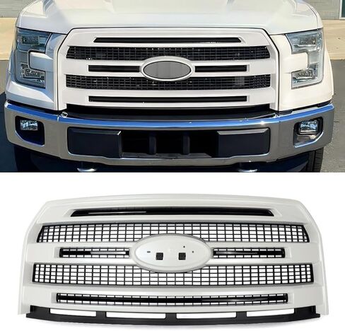 Oxford White+Gloss Black Trim Grille Assembly Fits 2015 2016 2017 Ford F-150 Platinum Style Front Bumper Grill with Camera Hole Repalce for FL3Z8200UA in Saudi Arabia