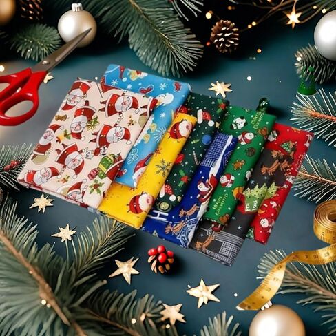 8pcs Christmas Patterned Cotton Fabric - Different Pattern Fabric Squares with Santa Claus, Snowman, Cotton Sewing Crafting DIY Supplies, Xmas​​ Tree Print - Quilting Fabri-c, DIY - 10 x 10 Inch in Saudi Arabia