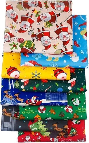 8pcs Christmas Patterned Cotton Fabric - Different Pattern Fabric Squares with Santa Claus, Snowman, Cotton Sewing Crafting DIY Supplies, Xmas​​ Tree Print - Quilting Fabri-c, DIY - 10 x 10 Inch in Saudi Arabia