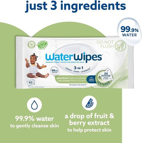 WaterWipes، خالية من البلاستيك، مناديل مبللة نظيفة للأطفال والرضع، 99.9% مناديل مبللة مائية، غير معطرة ولا تسبب الحساسية للبشرة الحساسة، 60 قطعة (عبوة واحدة) in Kuwait