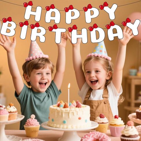 Happy Birthday Banner, Cute Cartoon Party Favors Sweet Red Bow Decorations Girl Happy Birthday Banner Cartoon Themed Party Supplies for Bday Parties in Saudi Arabia